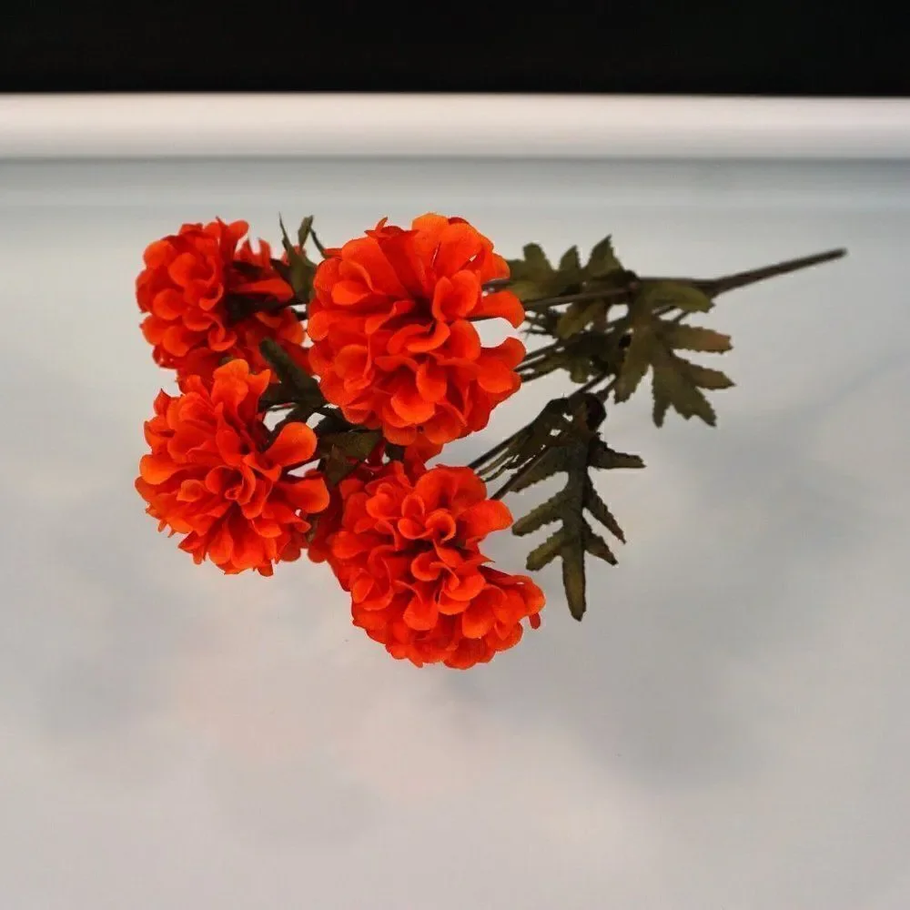 Red Marigold Floral Bush Poly Silk Artificial 13 In
